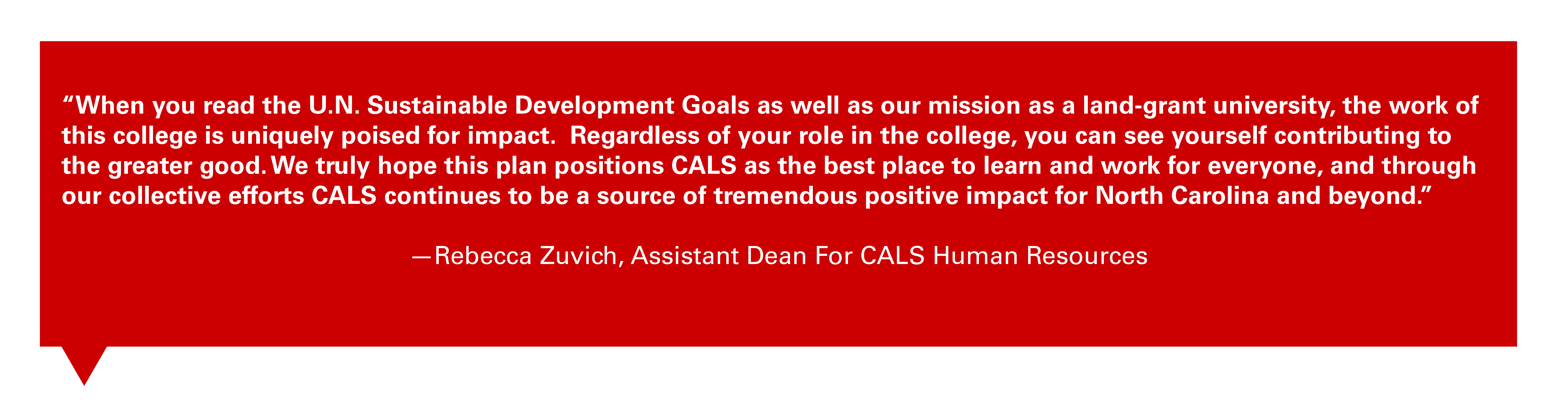 Quote from Rebecca Zuvich, CALS assistant dean for human resources: "When you read the U.N. Sustainable Development Goals as well as our mission as a land-grant university, the work of this college is uniquely poised for impact.  Regardless of your role in the college, you can see yourself contributing to the greater good. We truly hope this plan positions CALS as the best place to learn and work for everyone, and through our collective efforts CALS continues to be a source of tremendous positive impact for North Carolina and beyond."