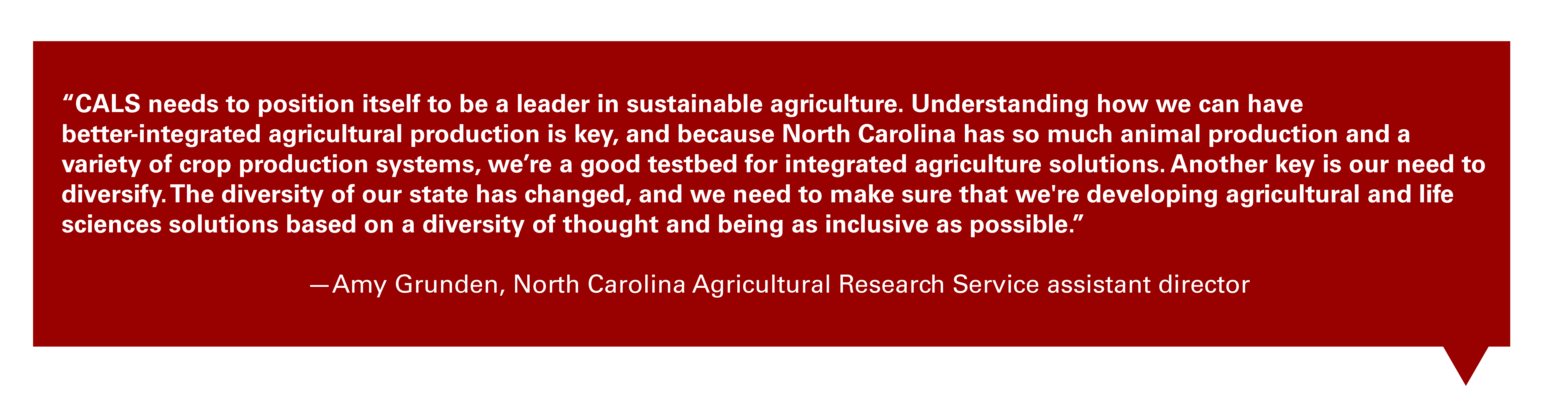 Quote from Amy Grunden, North Carolina Agricultural Research Service assistant director:

"CALS needs to position itself to be a leader in sustainable agriculture. Understanding how we can have better-integrated agricultural production is key, and because North Carolina has so much animal production and a variety of crop production systems, we’re a good testbed for integrated agriculture solutions. Another key is our need to diversify. The diversity of our state has changed, and we need to make sure that we're developing agricultural and life sciences solutions based on a diversity of thought and being as inclusive as possible."