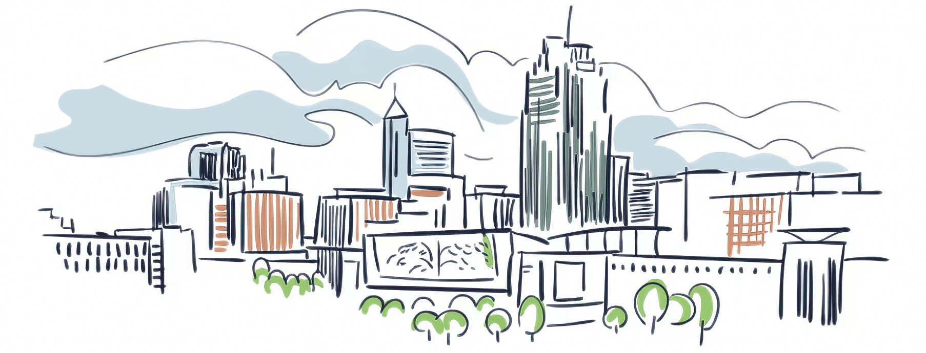 a cityscape graphic of Raleigh, NC