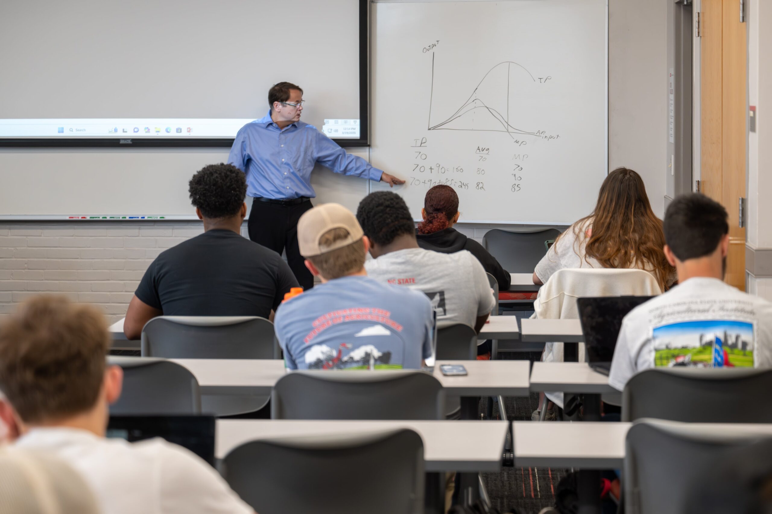 teacher standing in front of classroom full of students, pointing at a white board