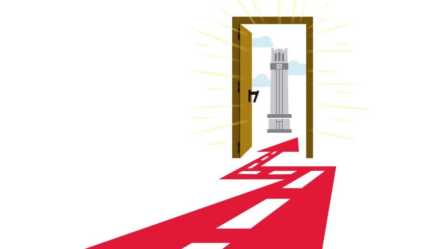 graphic of a red road leading through a door to the NC State belltower
