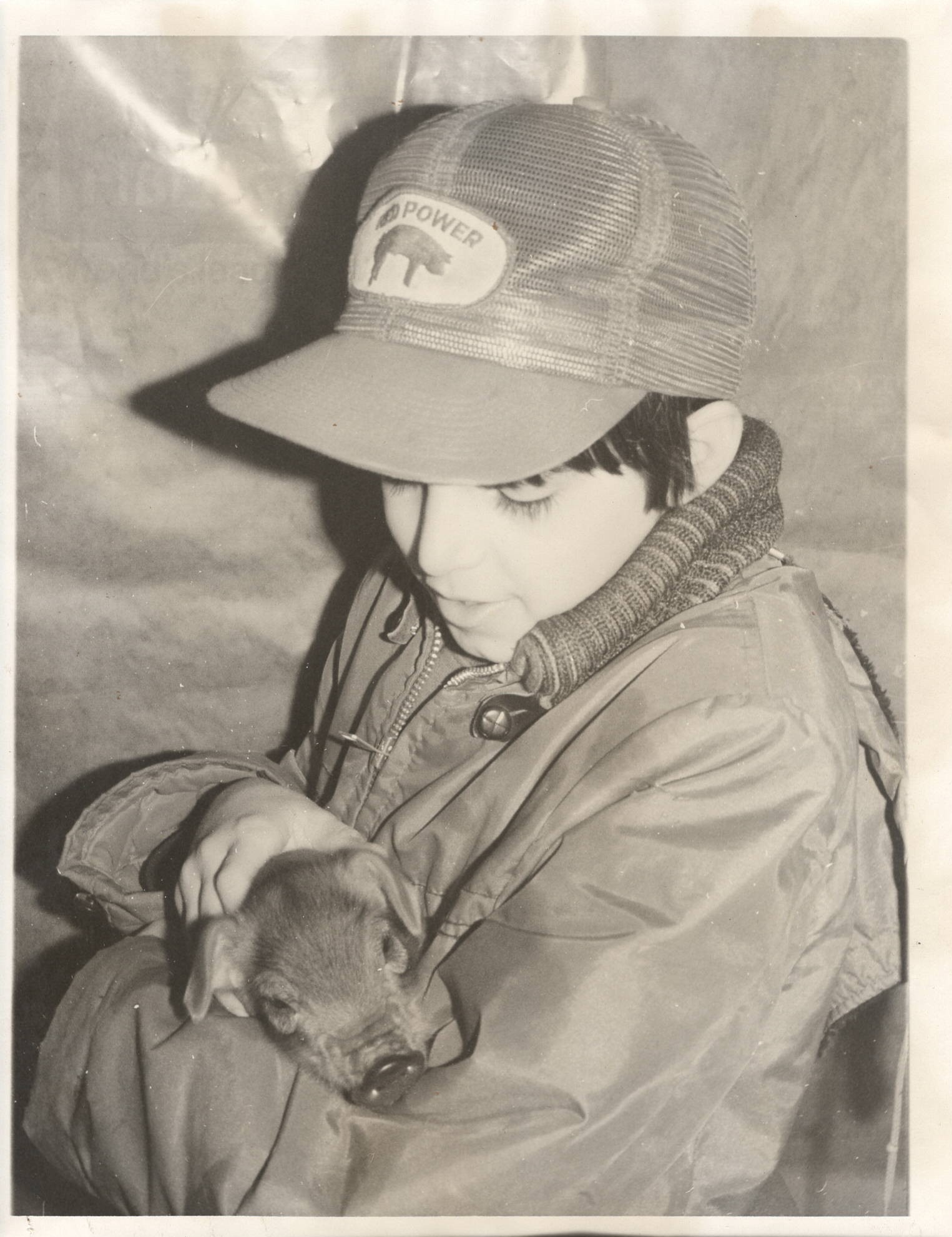 a black and white photo of a boy wearing a baseball hat and jacket holding a piglet.